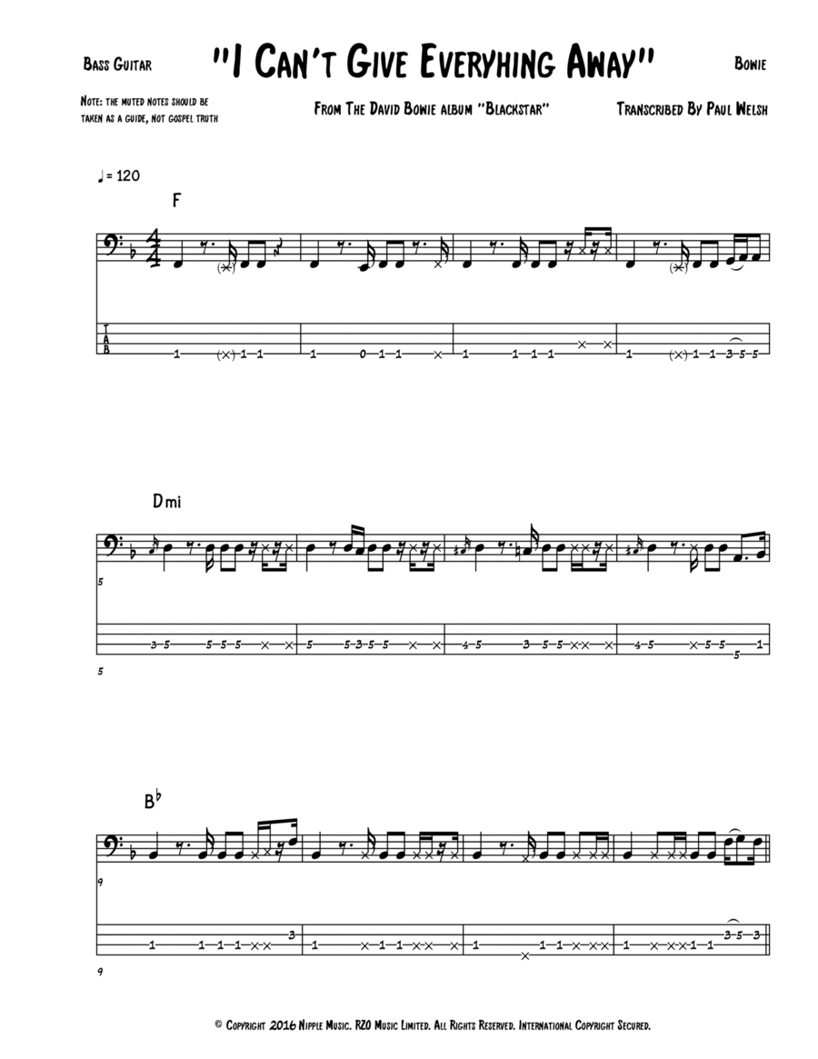 I Can't Give Everything Away Bass Guitar scores gallery preview page 1