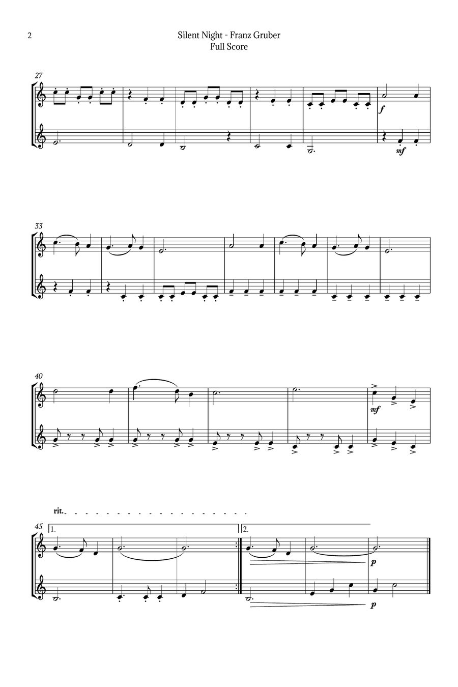 Silent Night for Violin Duet String Duet scores gallery preview page 2