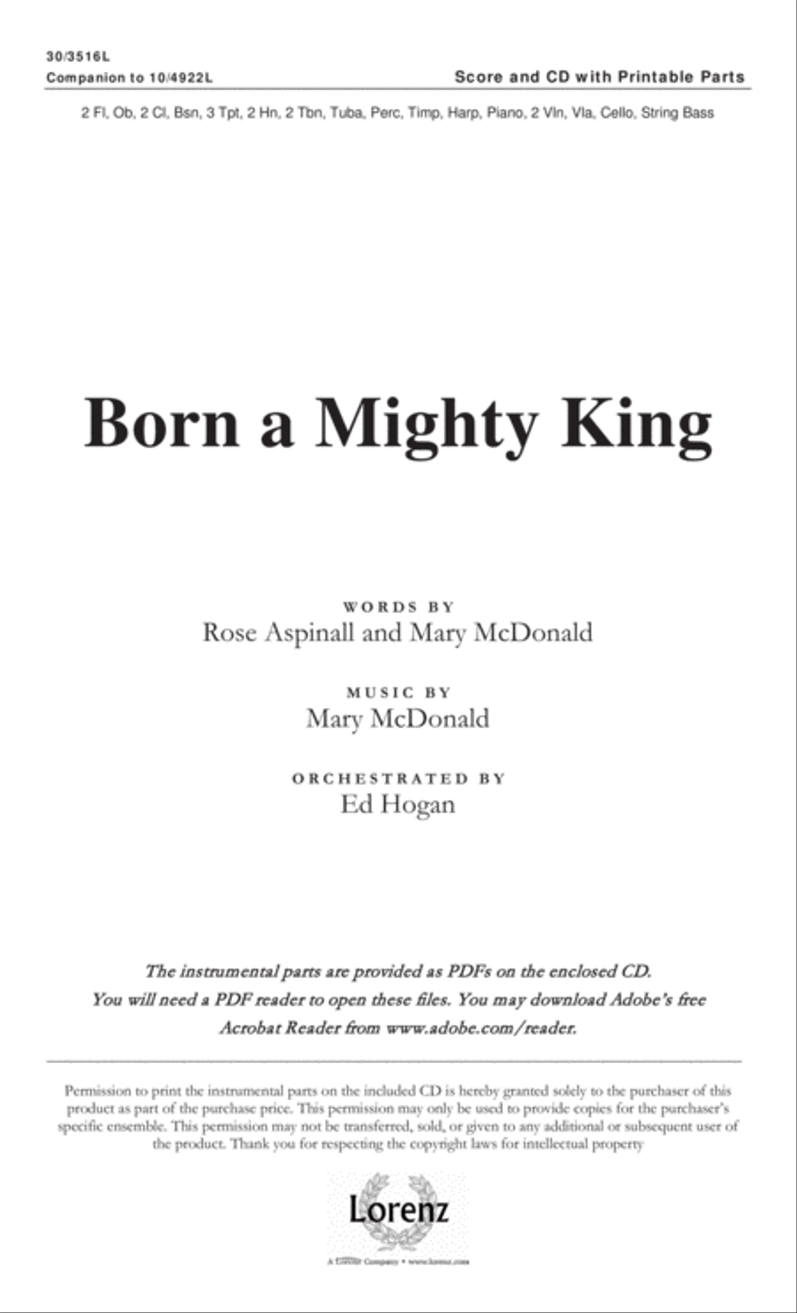 Born a Mighty King - Orchestral Score and CD with Printable Parts