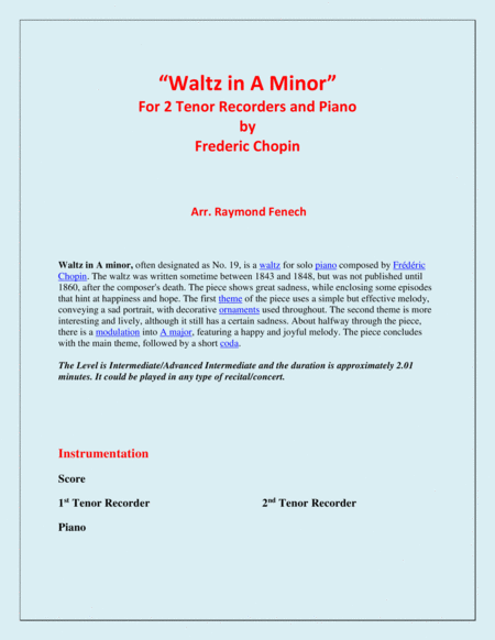 Waltz in A Minor (Chopin) - 2 Tenor Recorders and Piano - Chamber music image number null