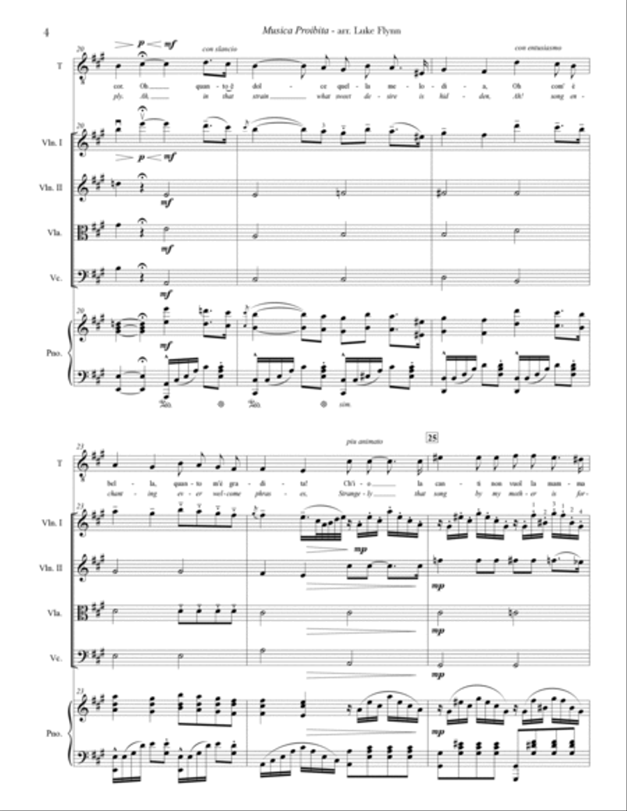 Musica Proibita for Tenor Voice, String Quartet, and Piano Small Ensemble scores gallery preview page 6