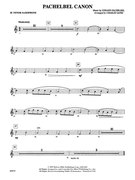 Pachelbel Canon: B-flat Tenor Saxophone