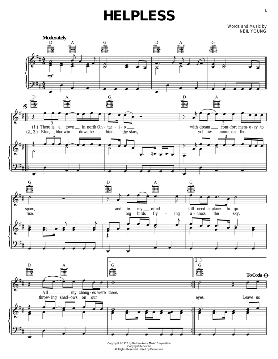 Helpless Piano, Vocal, Guitar scores gallery preview page 1