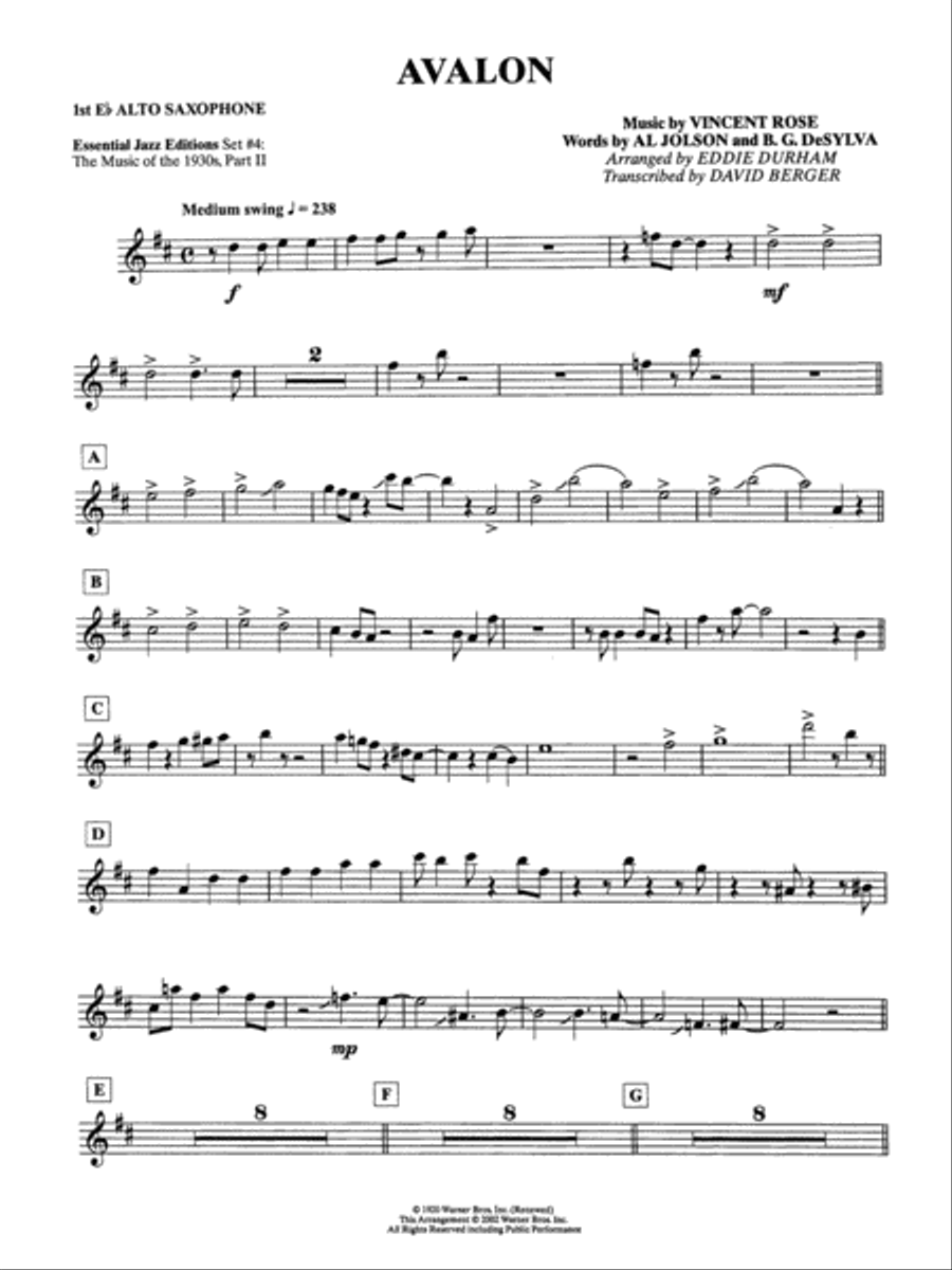 Avalon: E-flat Alto Saxophone Jazz Ensemble scores gallery preview page 1