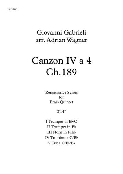 Canzon IV a 4 Ch.189 (Giovanni Gabrieli) Brass Quintet arr. Adrian Wagner image number null
