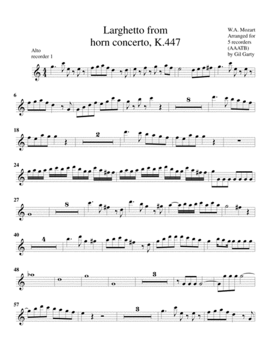 Larghetto from concerto for horn and orchestra, K.447 (Arrangement for 5 recorders)