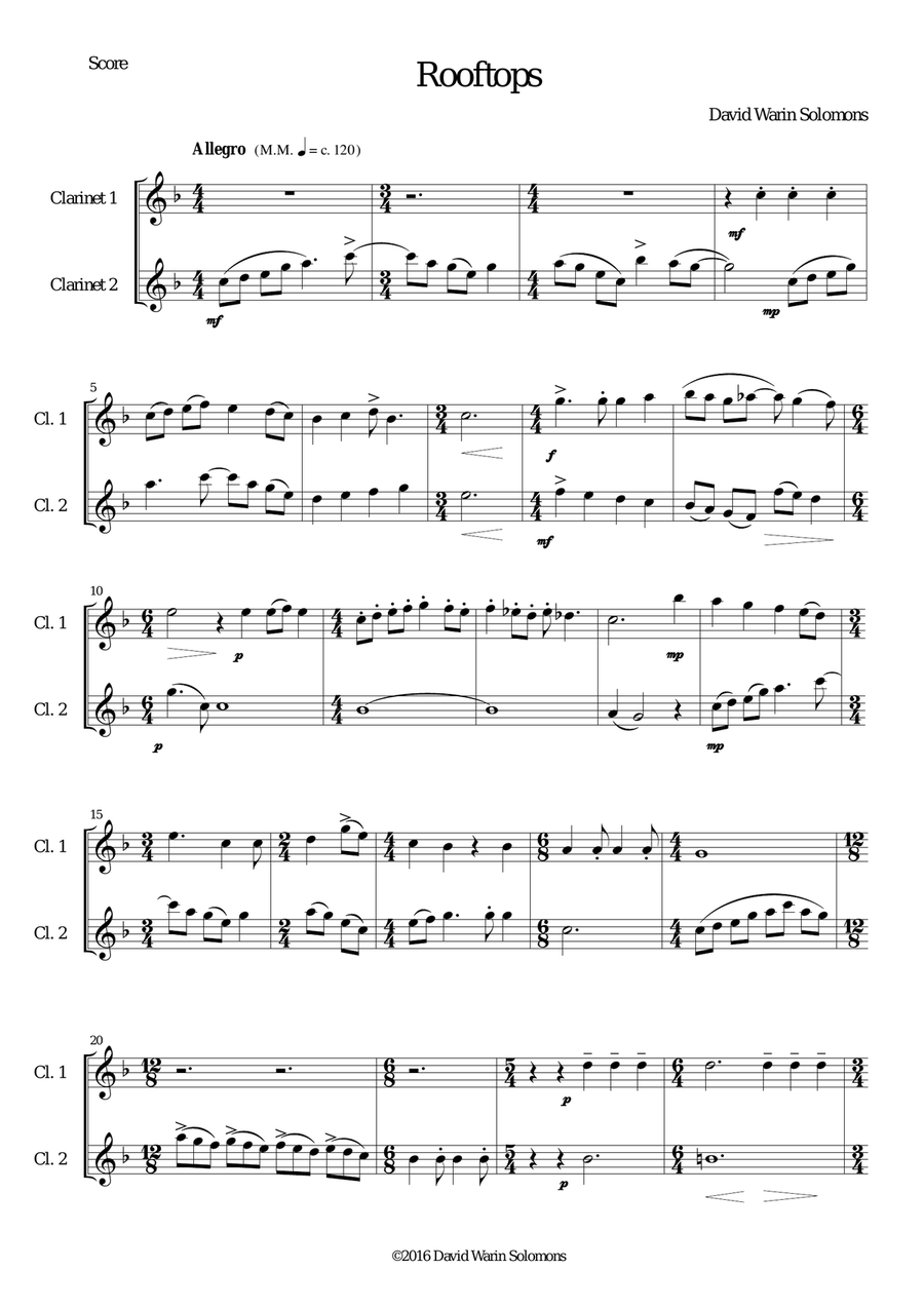 Rooftops for 2 clarinets Clarinet Duet scores gallery preview page 1