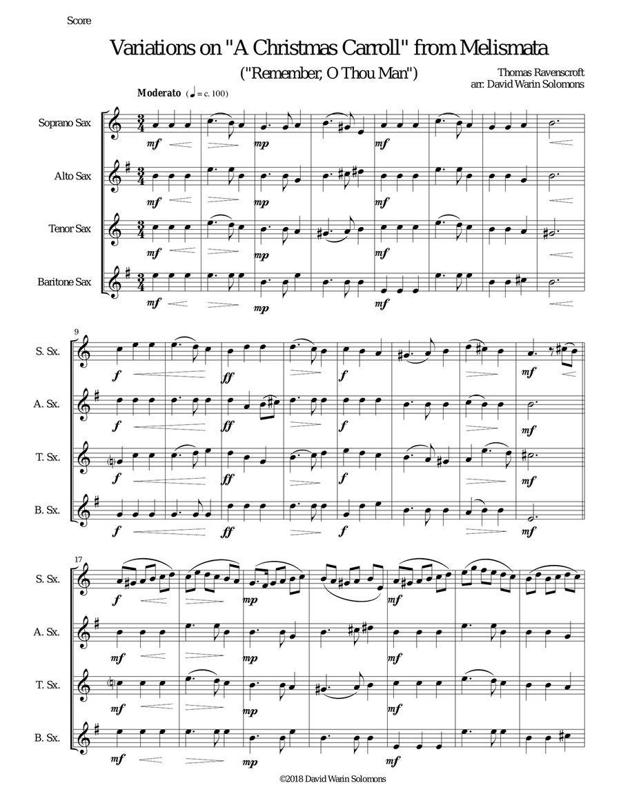 Variations on Remember, O Thou Man (from Ravenscroft's Melismata) for saxophone quartet Saxophone Quartet scores gallery preview page 1