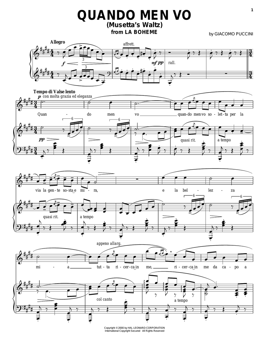 Quando Men Vo (Musetta's Waltz) Piano, Vocal scores gallery preview page 1