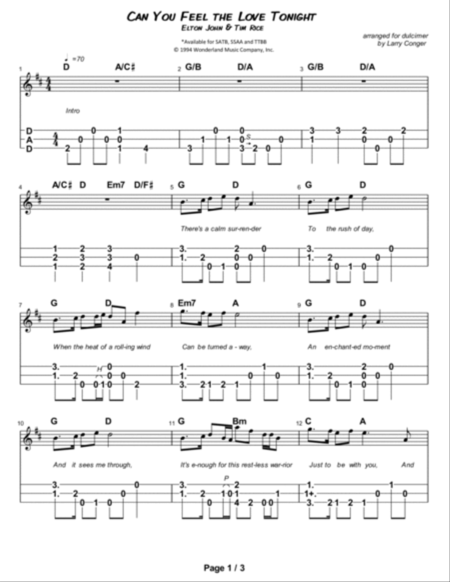 Can You Feel The Love Tonight Dulcimer scores gallery preview page 2