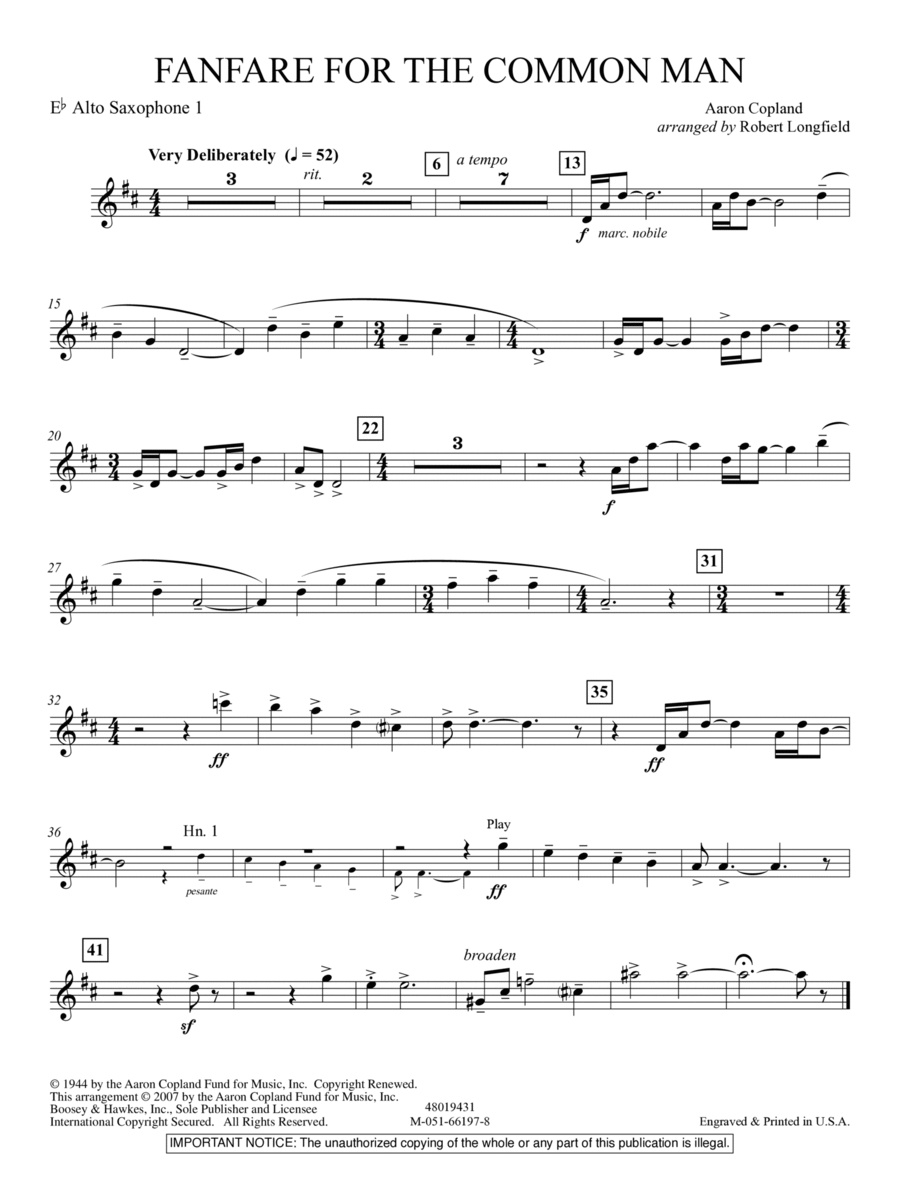 Fanfare For The Common Man (arr. Robert Longfield) - Eb Alto Saxophone 1
