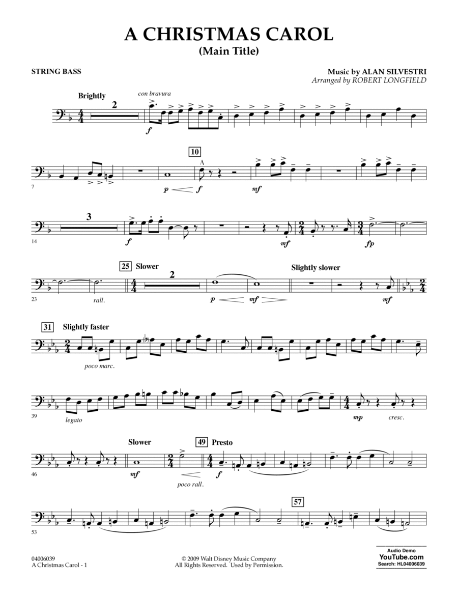 A Christmas Carol (Main Title) (arr. Robert Longfield) - String Bass Concert Band scores gallery preview page 1