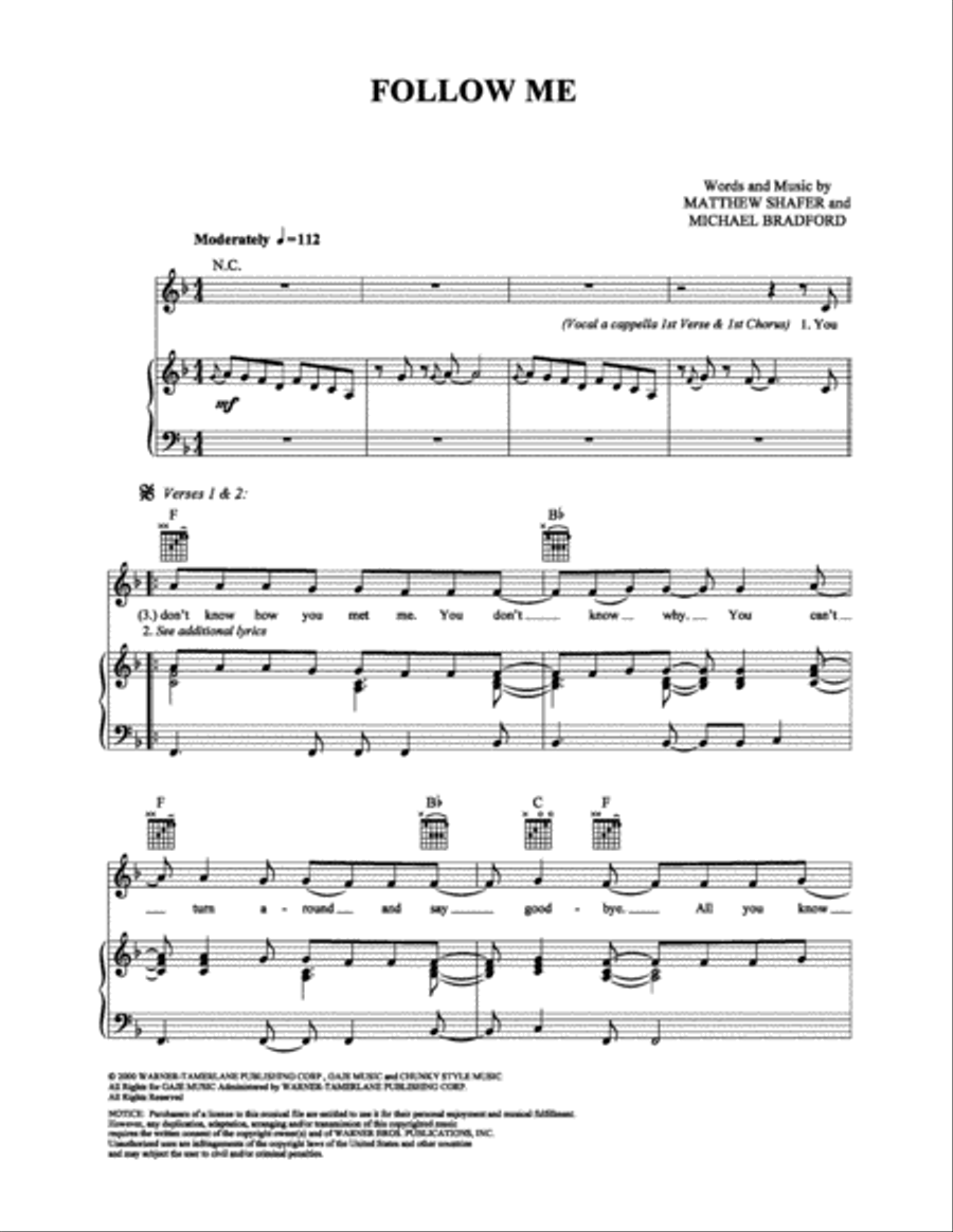 Follow Me Piano, Vocal, Guitar scores gallery preview page 1
