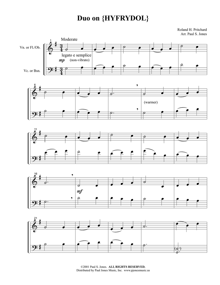 Duo on 'Hyfrydol' (Treble/Bass) Woodwind Duet scores gallery preview page 1