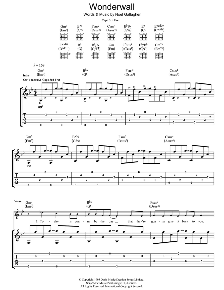 Wonderwall Guitar Tablature scores gallery preview page 1