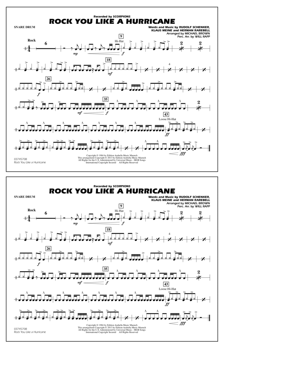 Rock You Like a Hurricane - Snare Drum Marching Band scores gallery preview page 1