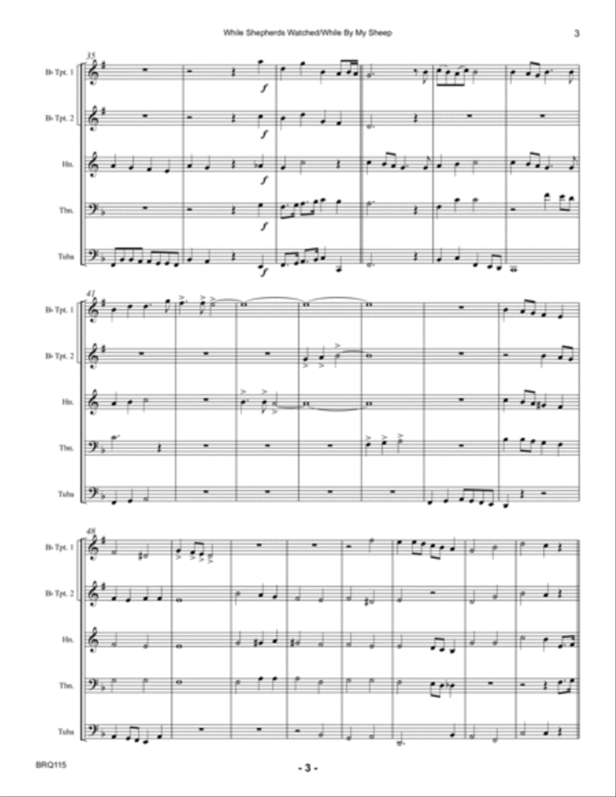 WHILE SHEPHERDS WATCHED THEIR FLOCKS with WHILE BY MY SHEEP - BRASS QUINTET (unaccompanied) Brass Quintet scores gallery preview page 3