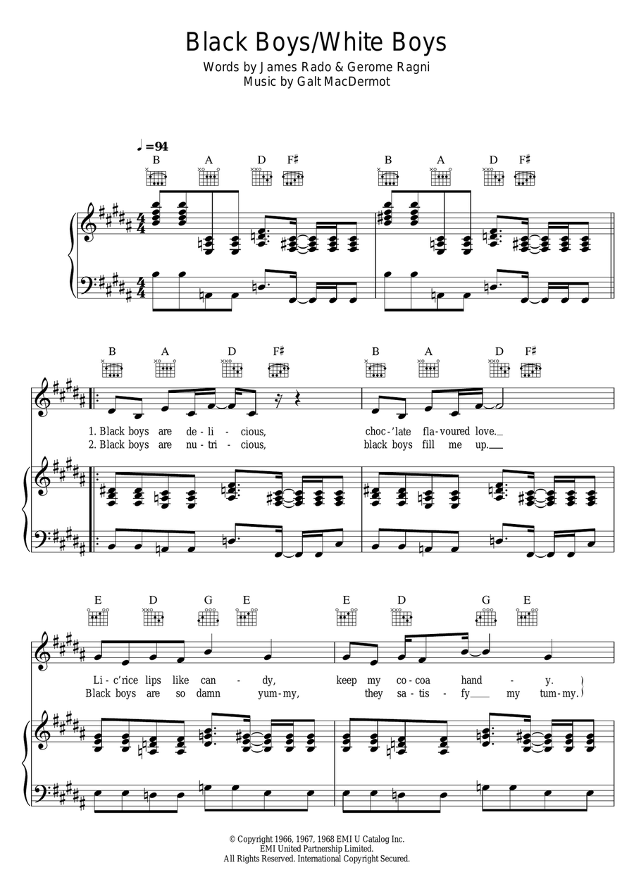 Black Boys (from 'Hair') Piano, Vocal, Guitar scores gallery preview page 1