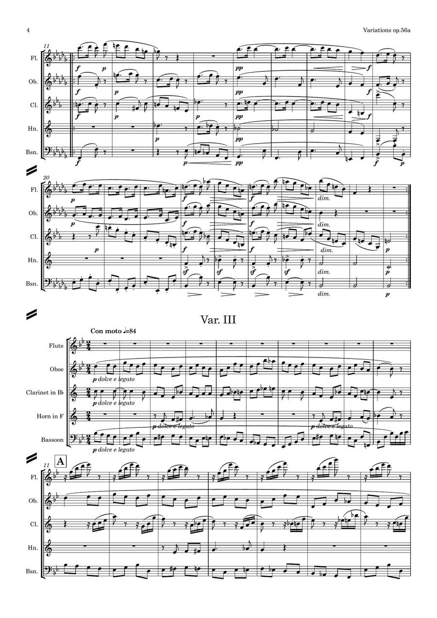 Brahms: Variations on a Theme by Haydn Op.56a (Theme and Variations 1, 2, 3, 4 & 7) - wind quintet Woodwind Quintet scores gallery preview page 5
