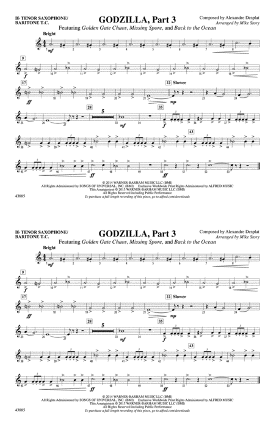 Godzilla, Part 3: Bb Tenor Saxophone/Bartione Treble Clef Marching Band scores gallery preview page 1