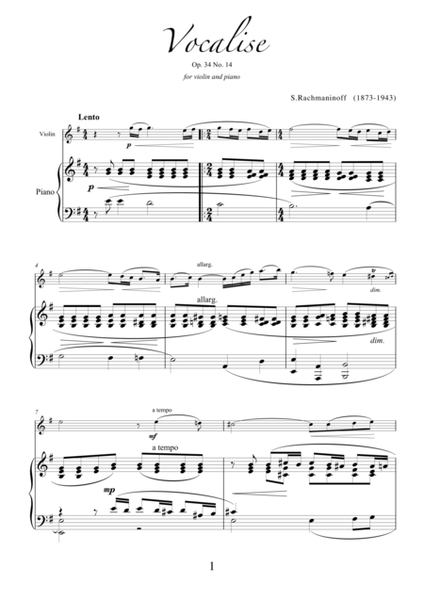 Vocalise, Op. 34 no. 14 for volin and piano (in G minor)