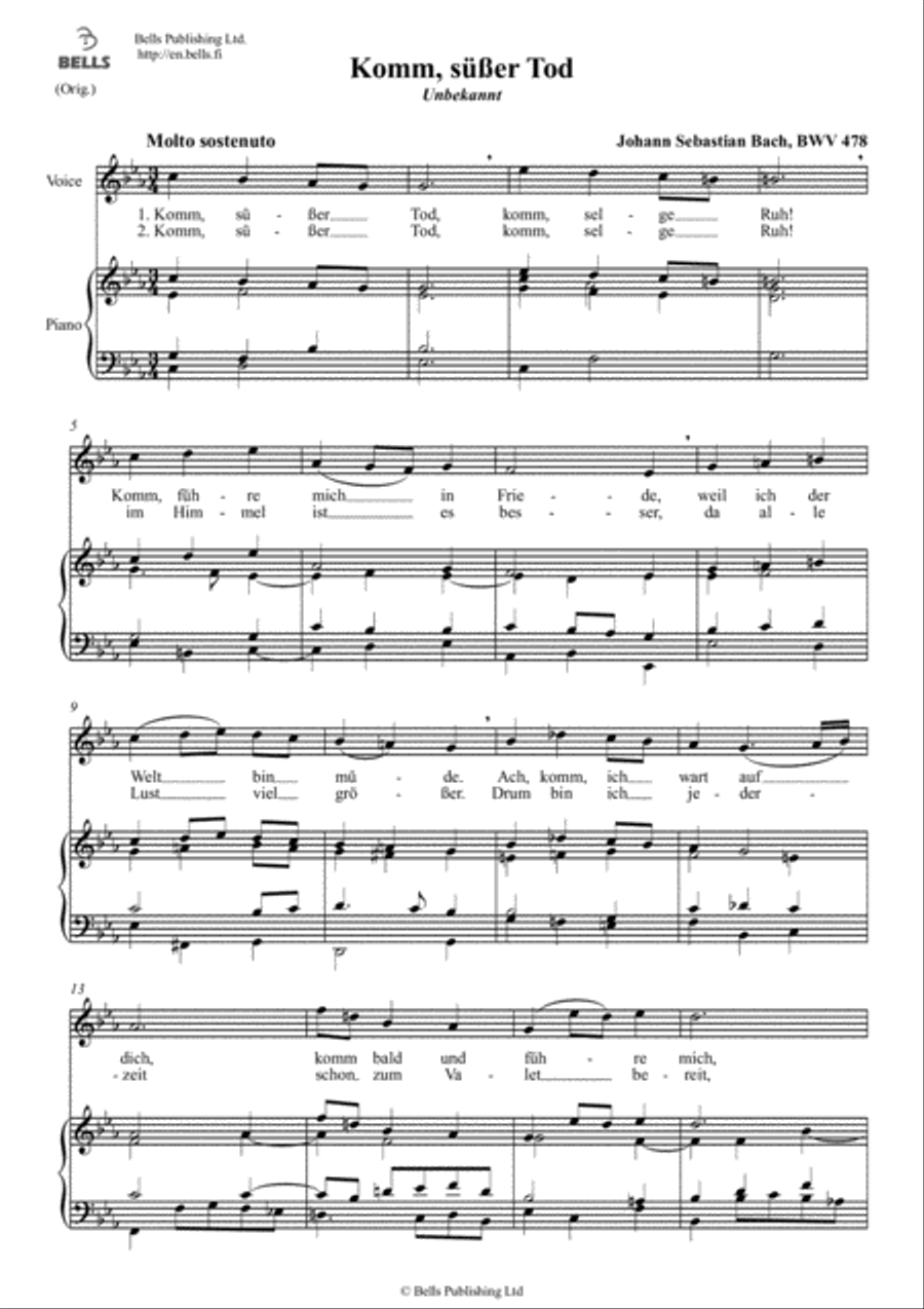 Komm susser Tod, BWV 478 (Original key. C minor) Voice Solo scores gallery preview page 1