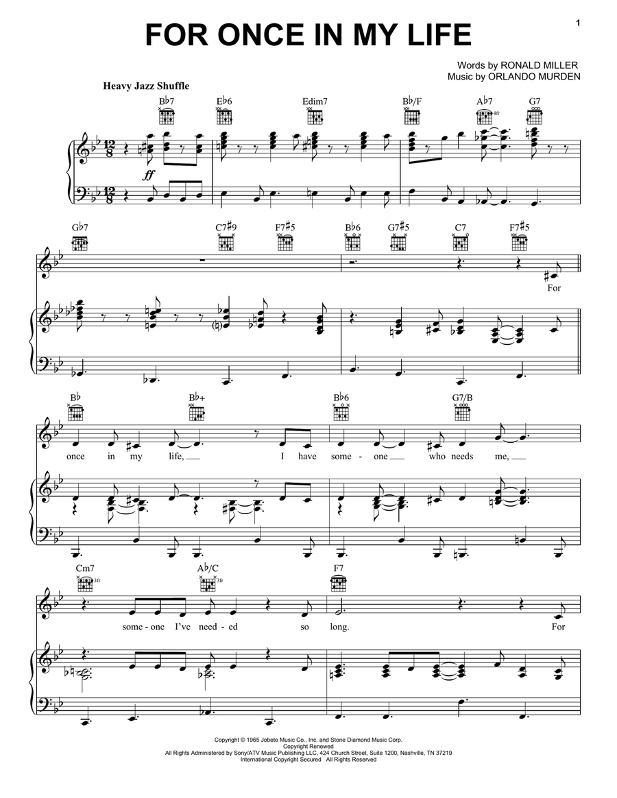 For Once In My Life Piano, Vocal, Guitar scores gallery preview page 1