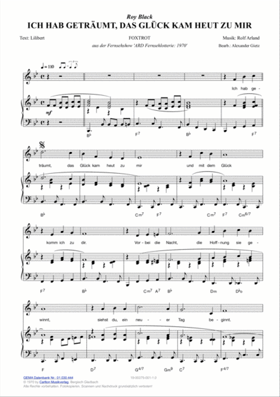 Ich hab getraumt, das Gluck kam heut zu mir Piano, Vocal, Guitar scores gallery preview page 2
