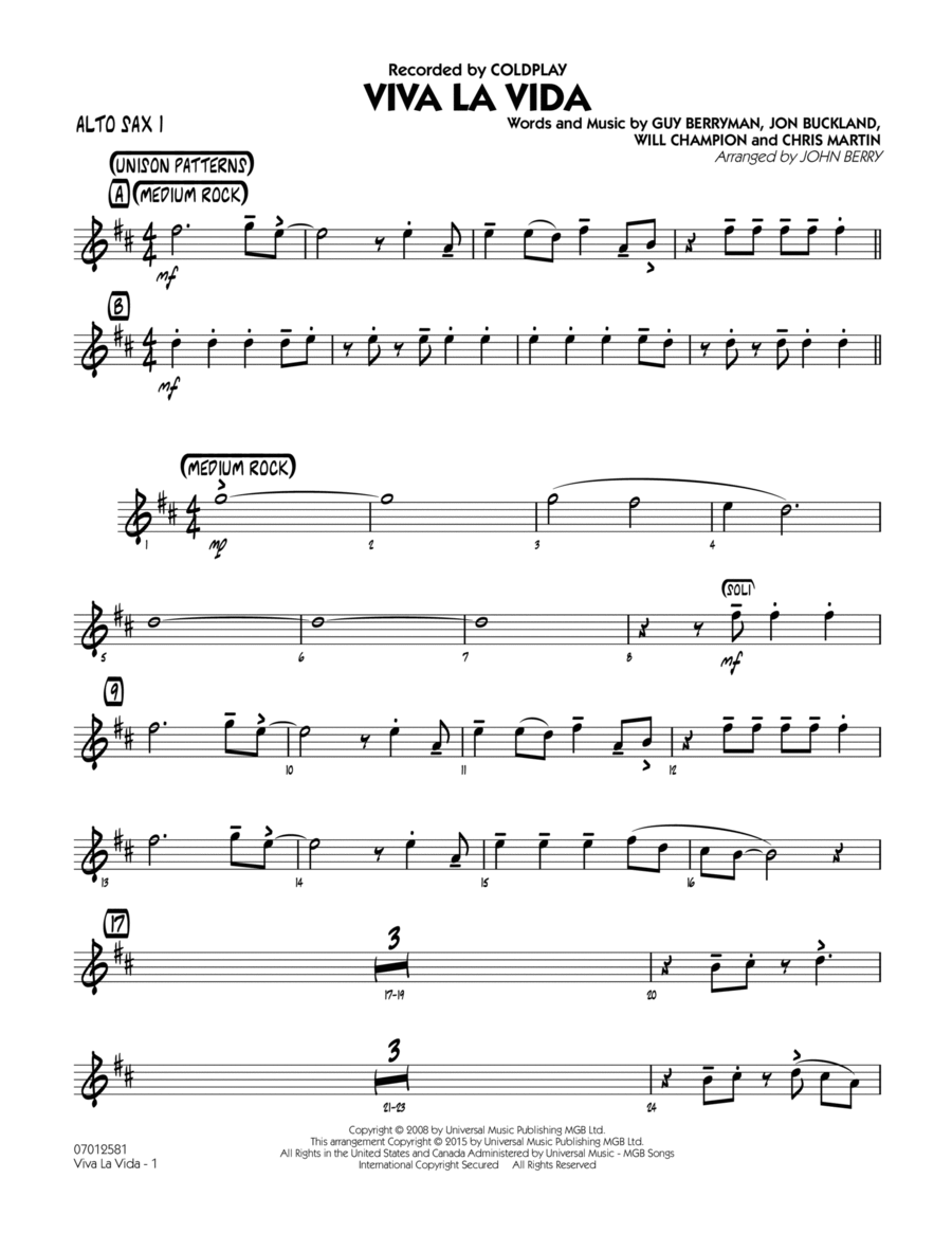Viva La Vida - Alto Sax 1 Alto Saxophone scores gallery preview page 1