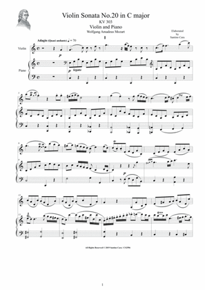 Mozart - Violin Sonata No.20 in C major K 303 for Violin and Piano - Score and Part