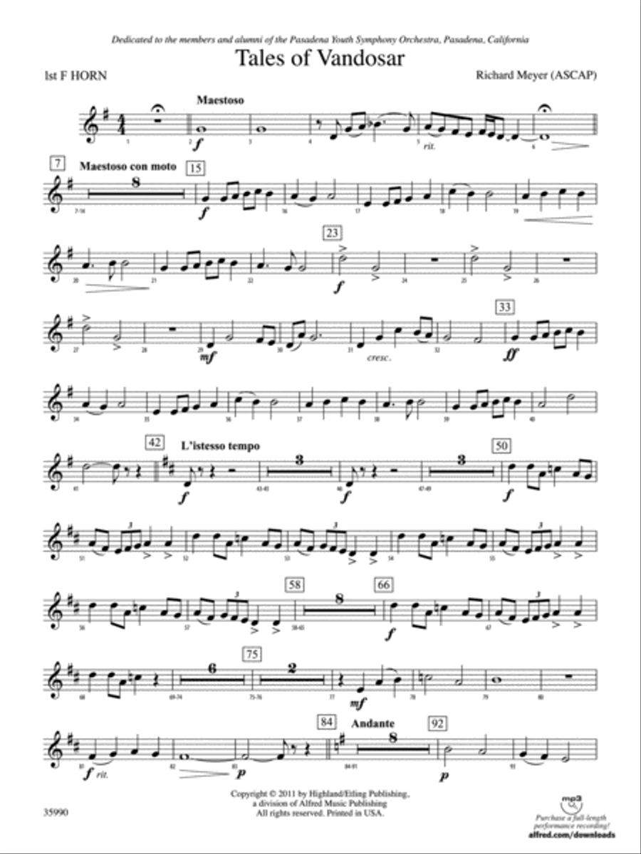 Tales of Vandosar: 1st F Horn Full Orchestra scores gallery preview page 1
