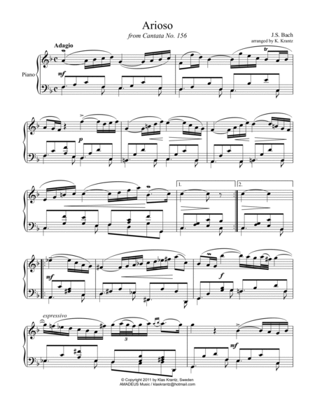 Arioso (Largo) from Cantata 156 for easy piano solo (F Major) image number null