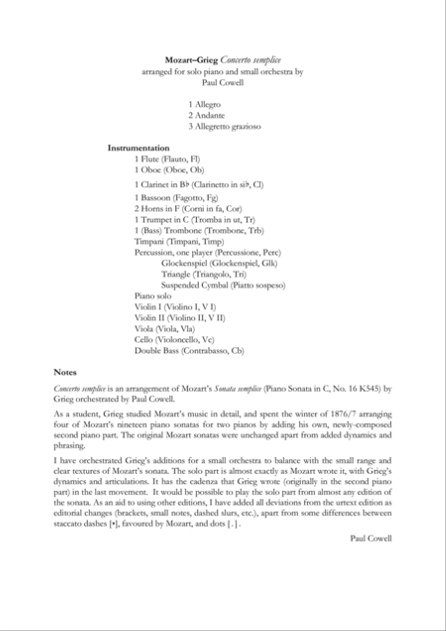 Concerto Semplice - Mozart’s Simple Sonata arranged as a concerto by Edvard Grieg and Paul Cowell Full Orchestra scores gallery preview page 2