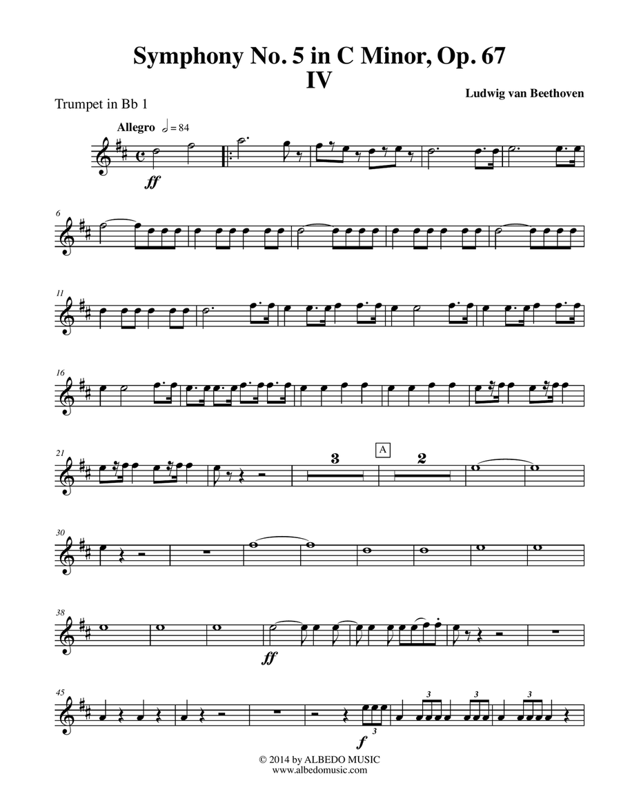 Beethoven Symphony No. 5, Movement IV - Trumpet in Bb 1 (Transposed Part), Op. 67 B-Flat Trumpet scores gallery preview page 1