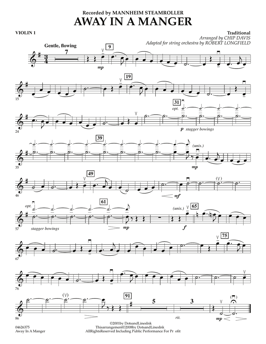 Away in a Manger - Violin 1 Orchestra scores gallery preview page 1