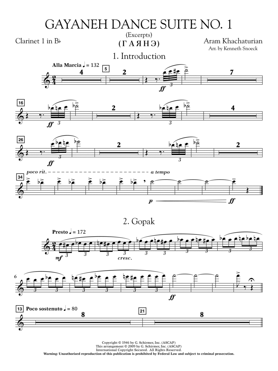 Gayenah Dance Suite No. 1 (Excerpts) (arr. Kenneth Snoeck) - Bb Clarinet 1 Concert Band scores gallery preview page 1
