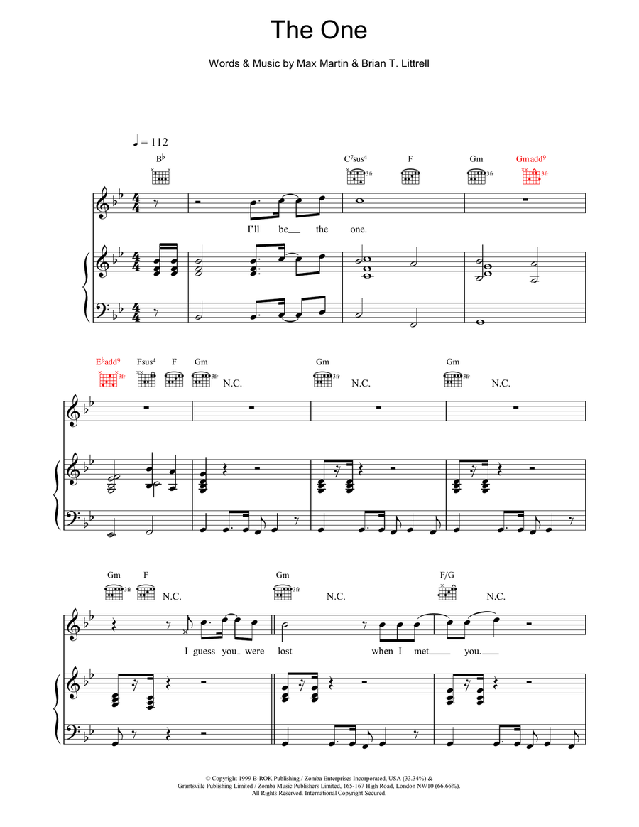 The One The One Piano, Vocal, Guitar scores gallery preview page 1