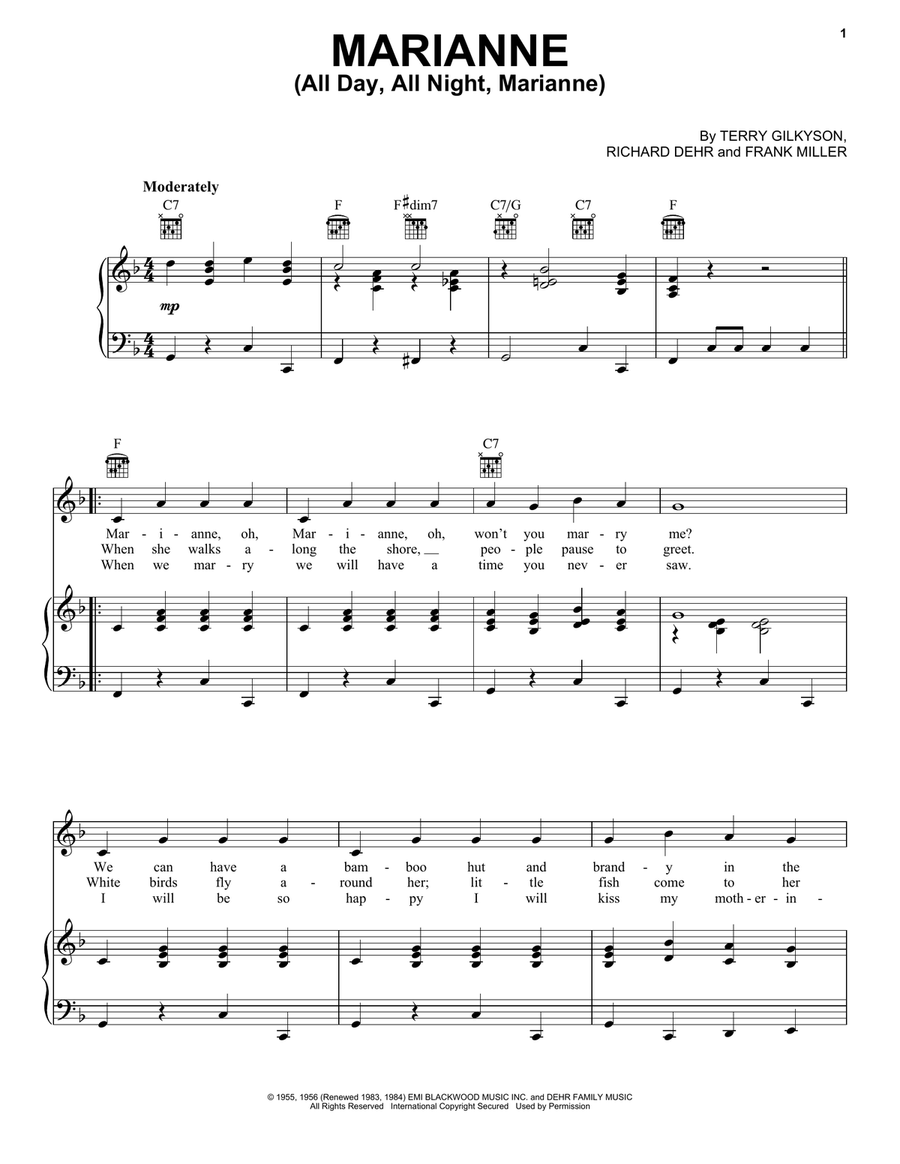 Marianne (All Day, All Night, Marianne) Piano, Vocal, Guitar scores gallery preview page 1
