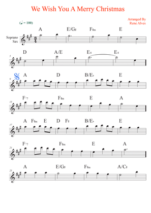 We Wish You A Merry Christmas, sheet music and soprano sax melody for the beginning musician (easy).