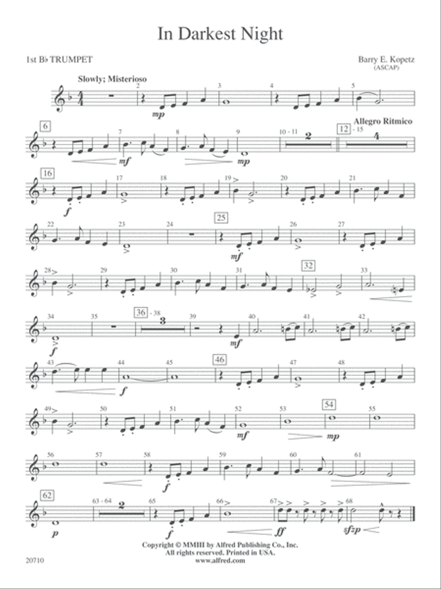 In Darkest Night: 1st B-flat Trumpet Concert Band scores gallery preview page 1