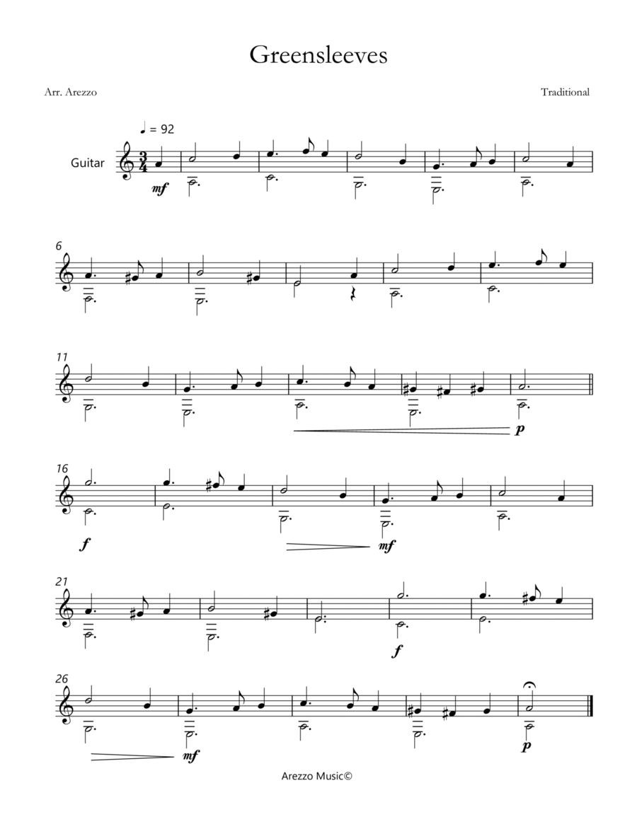 Greensleeves - Guitar Sheet Music Arrangement Chamber Music scores gallery preview page 1