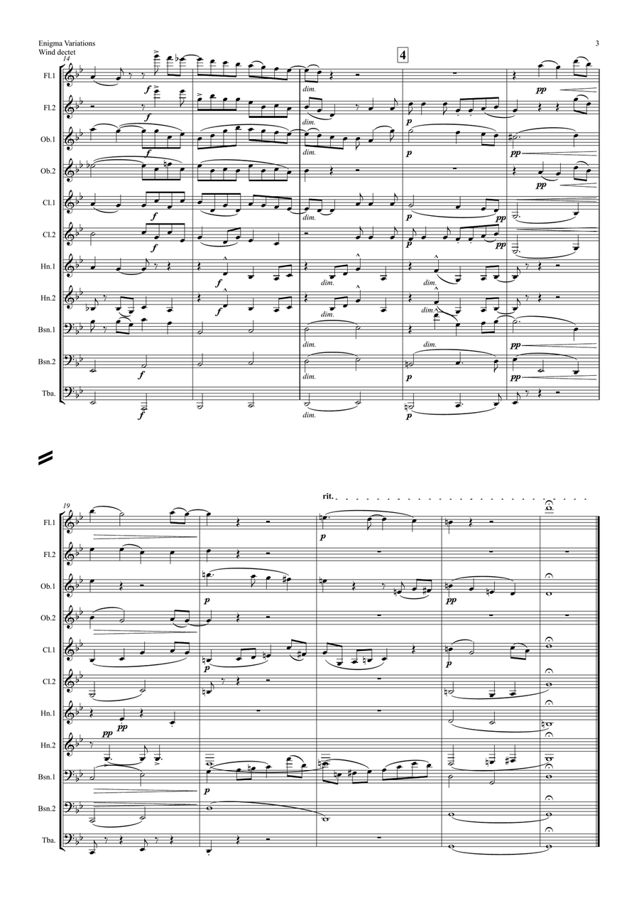 Elgar: Theme and 10 Variations (including Nimrod) from Enigma Variations Op.36 - wind dectet/bass Large Ensemble scores gallery preview page 3