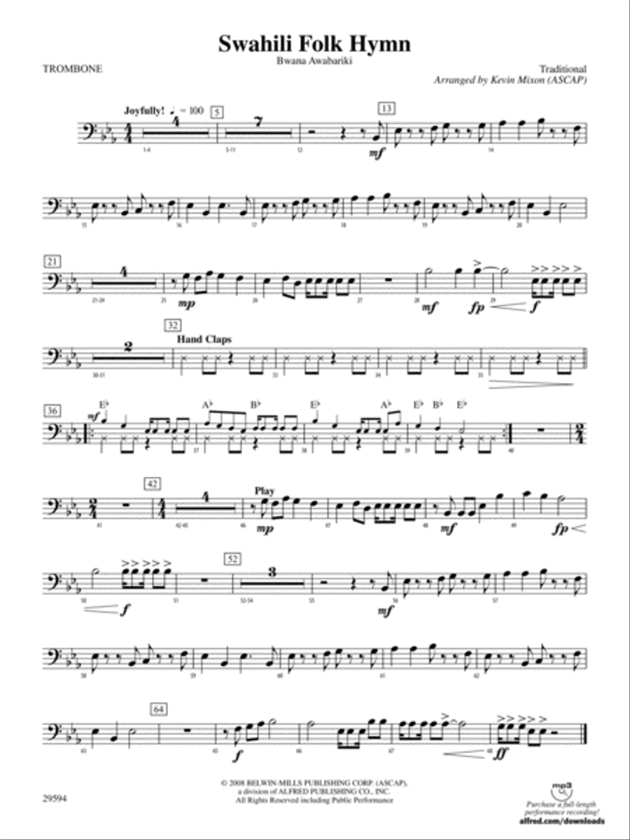 Swahili Folk Hymn (Bwana Awabariki): 1st Trombone Concert Band scores gallery preview page 1