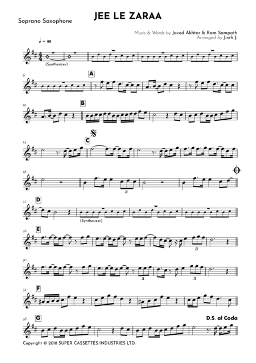 Jee Le Zaraa Soprano Saxophone scores gallery preview page 2