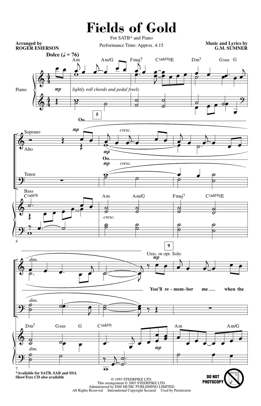 Fields Of Gold (arr. Roger Emerson) 4-Part scores gallery preview page 1