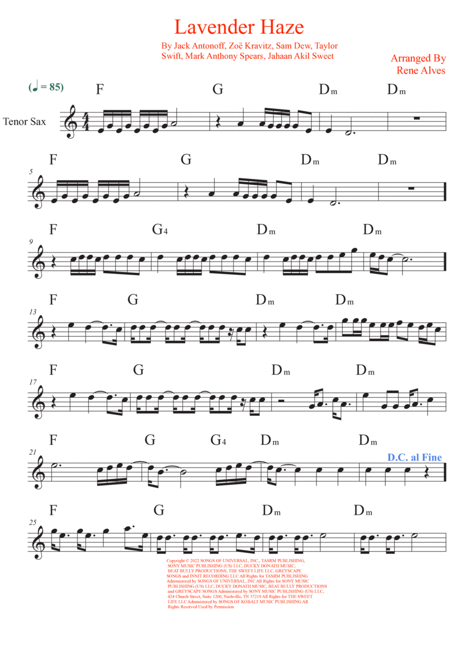Lavender Haze Tenor Saxophone scores gallery preview page 1