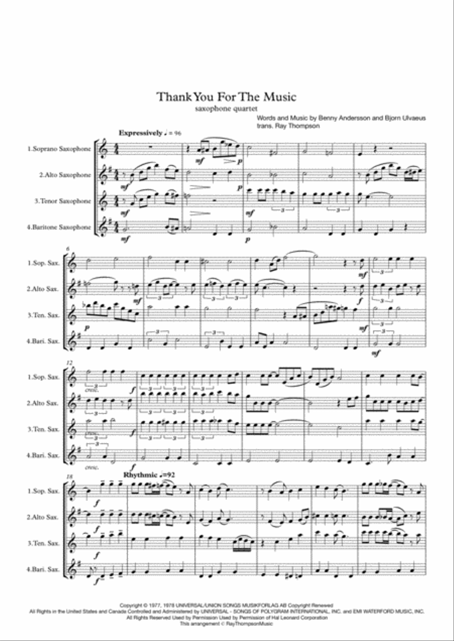 Thank You For The Music Saxophone Quartet scores gallery preview page 2