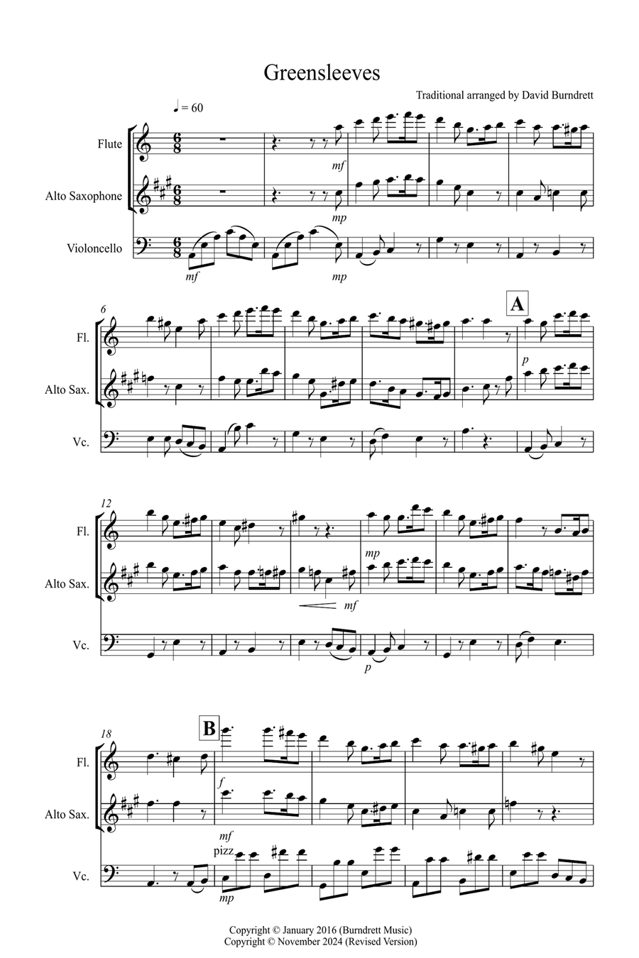 Greensleeves for Flute, Alto Saxophone and Cello Trio Small Ensemble scores gallery preview page 1