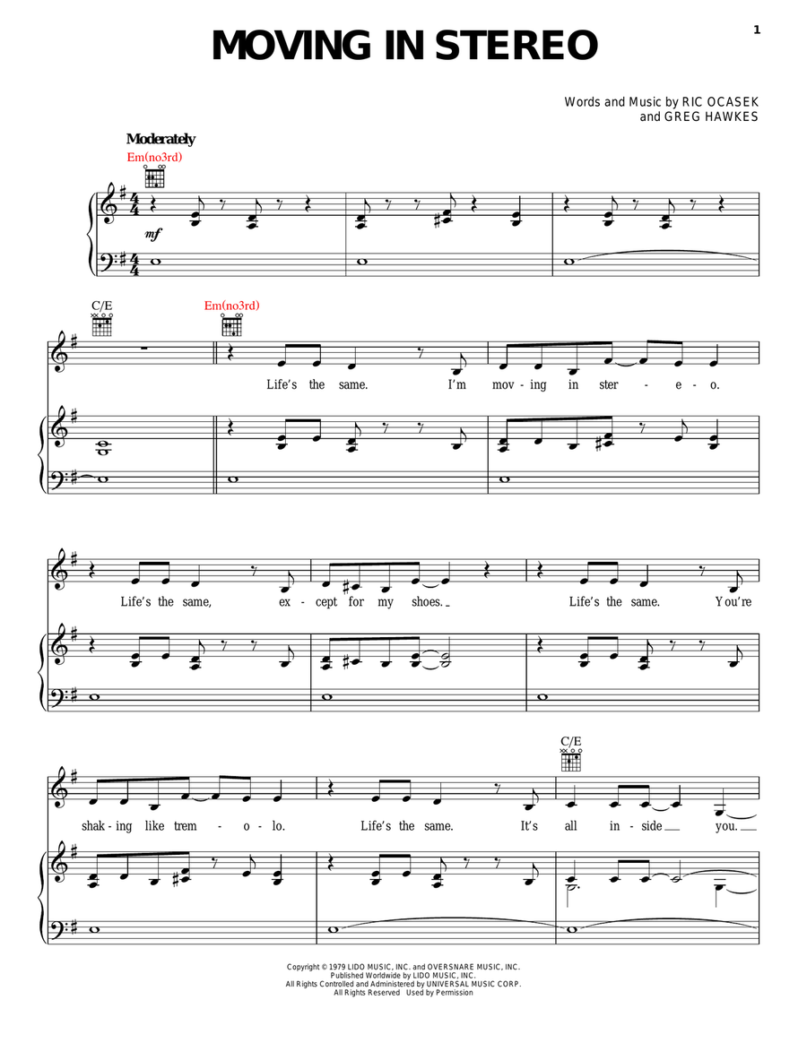 Moving In Stereo Moving In Stereo Piano, Vocal, Guitar scores gallery preview page 1