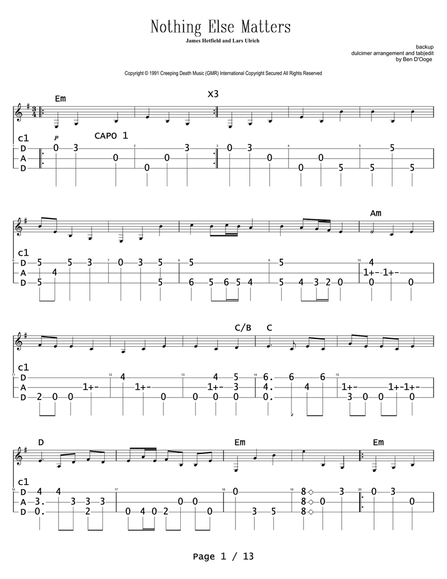 Nothing Else Matters Dulcimer scores gallery preview page 1